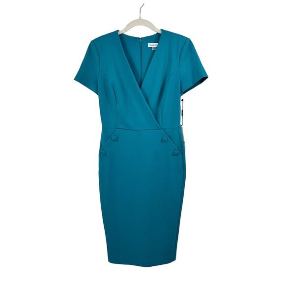 CALVIN KLEIN Short Sleeve Side Button-Trim Career Sheath Dress Teal - Size 4 NWT - Picture 2 of 11